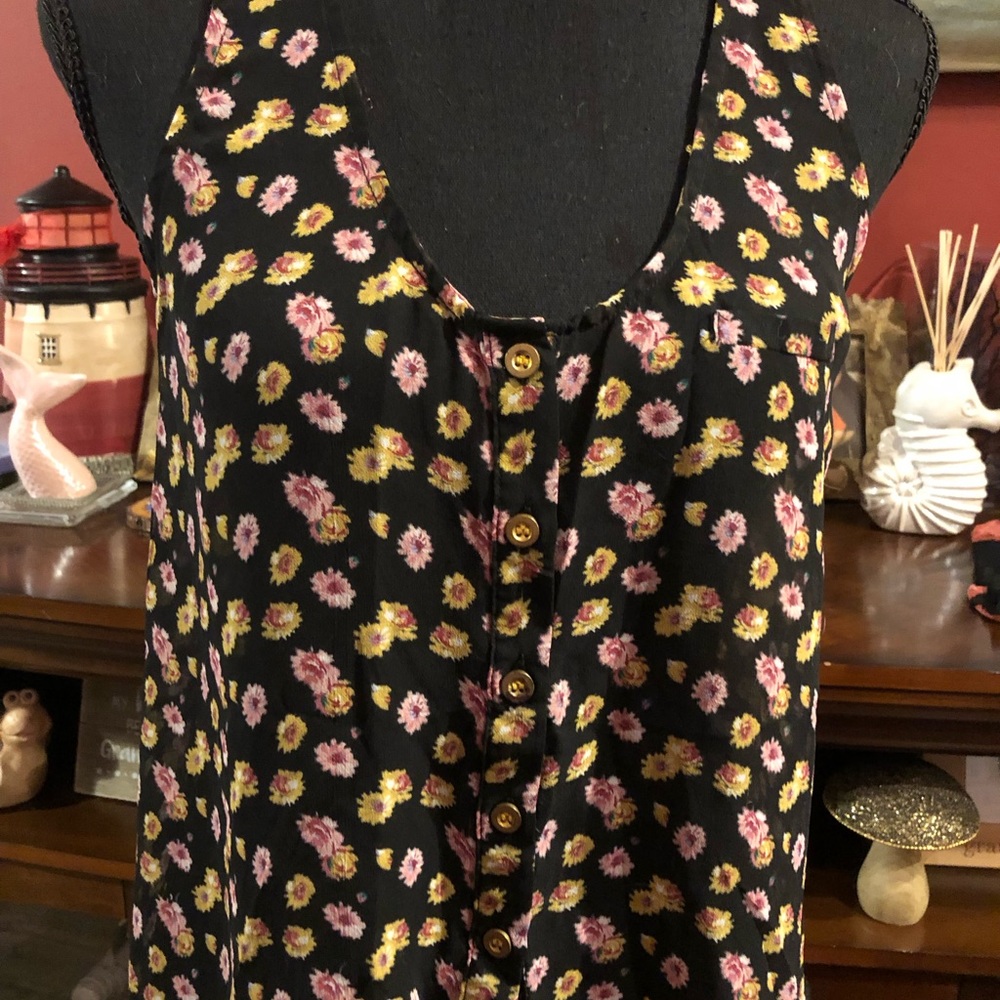 Sans Souci Black Floral Button-Front Sheer Camisole with Pink 🌸& Yellow 🌼Flowers